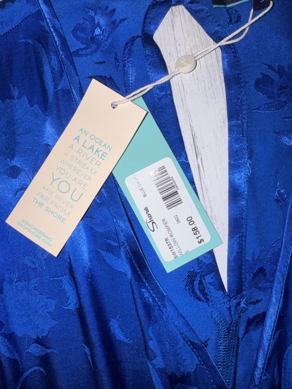 🆕 shore Royal Blue Willow Romper Satin, Floral, Belted, Elastic Waist Sz. S - Picture 6 of 13